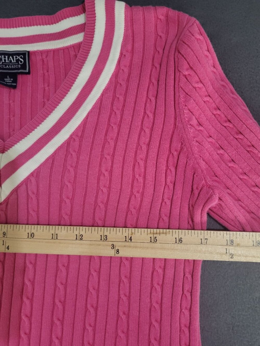 Vintage Chaps Womens LG V-Neck Sweater Pink White Cable Knit Tennis y2k Preppy - Picture 6 of 8